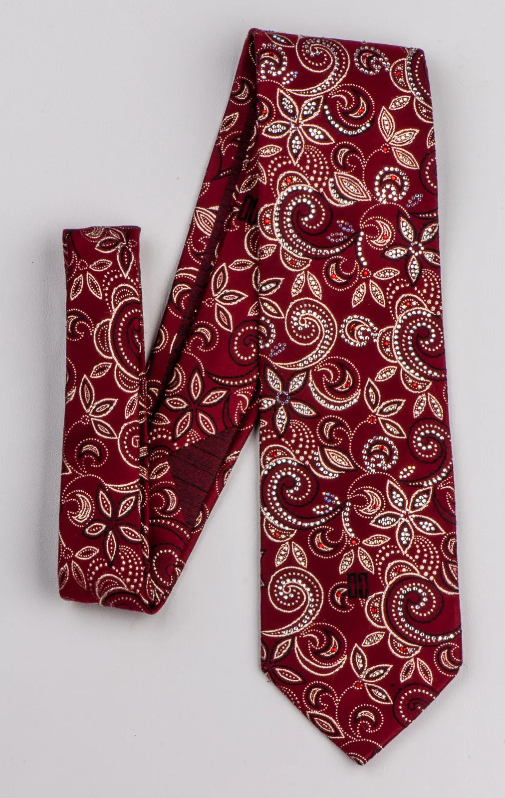 Daks Silk Neck Tie Floral Design On Burgundy With Rhinestones