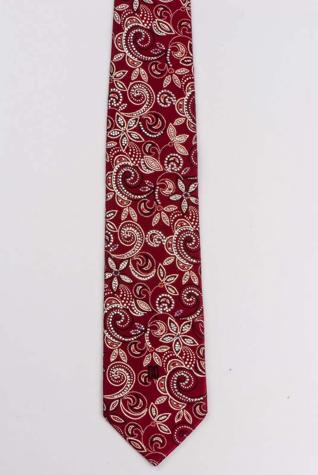 Daks Silk Neck Tie Floral Design On Burgundy With Rhinestones