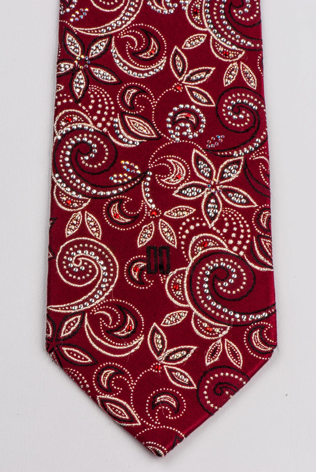 Daks Silk Neck Tie Floral Design On Burgundy With Rhinestones