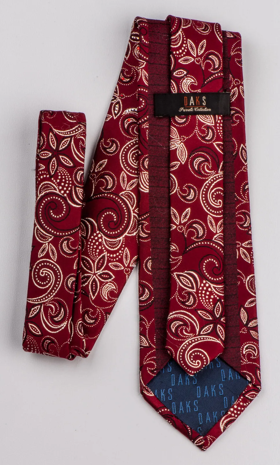 Daks Silk Neck Tie Floral Design On Burgundy With Rhinestones