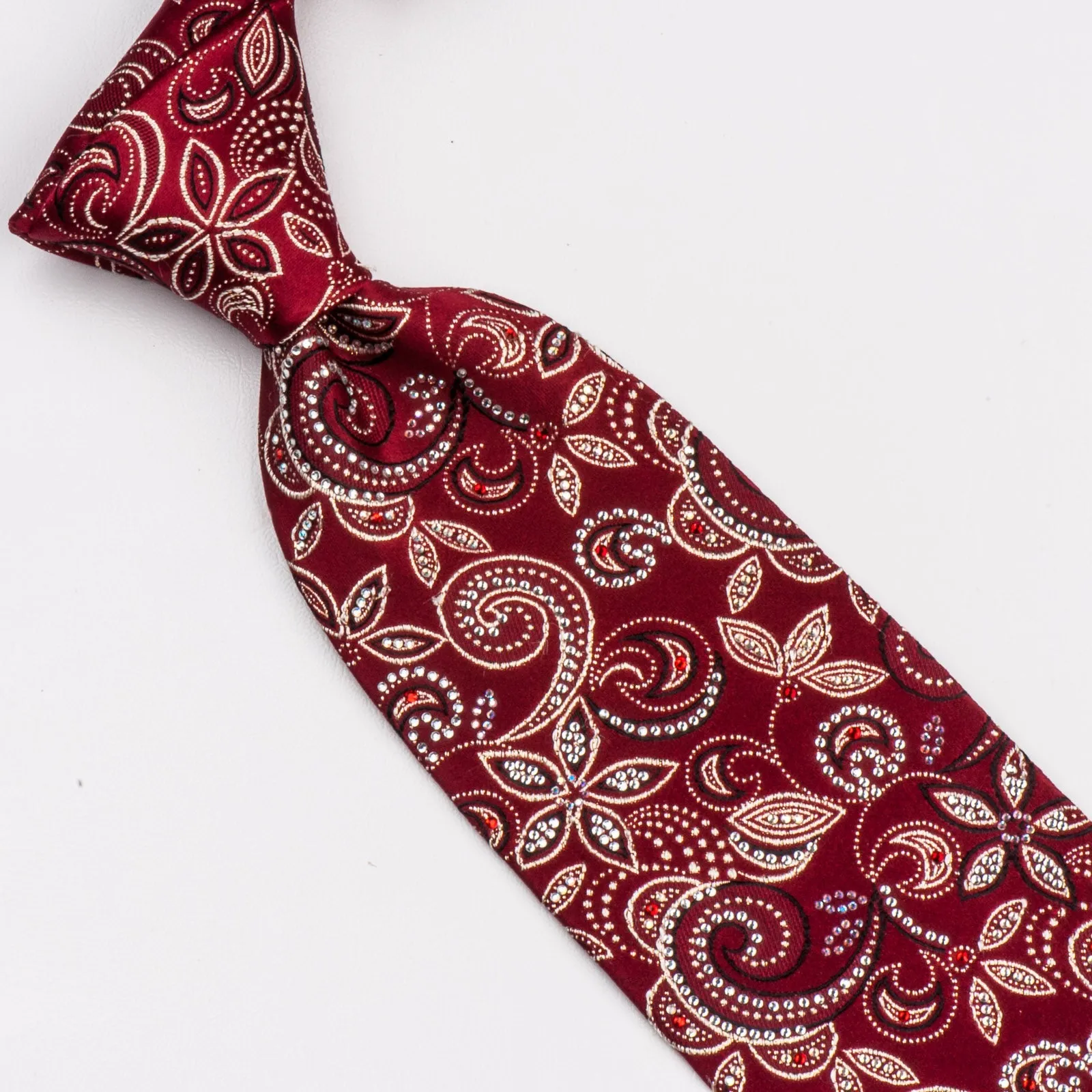 Daks Silk Neck Tie Floral Design On Burgundy With Rhinestones
