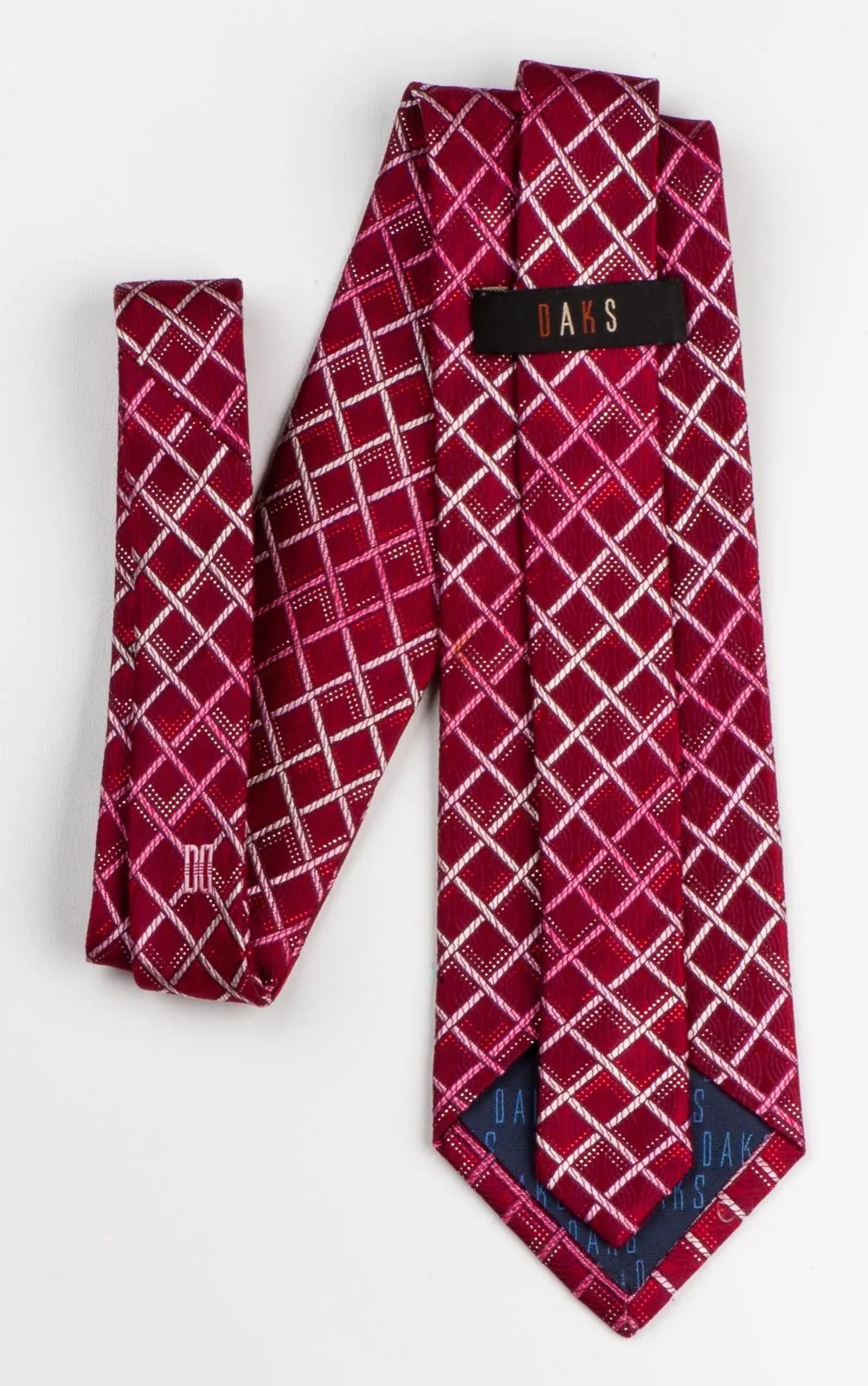 Daks Woven Silk Neck Tie Checks On Burgundy With Silver Sparkles 3 1/2 Inch