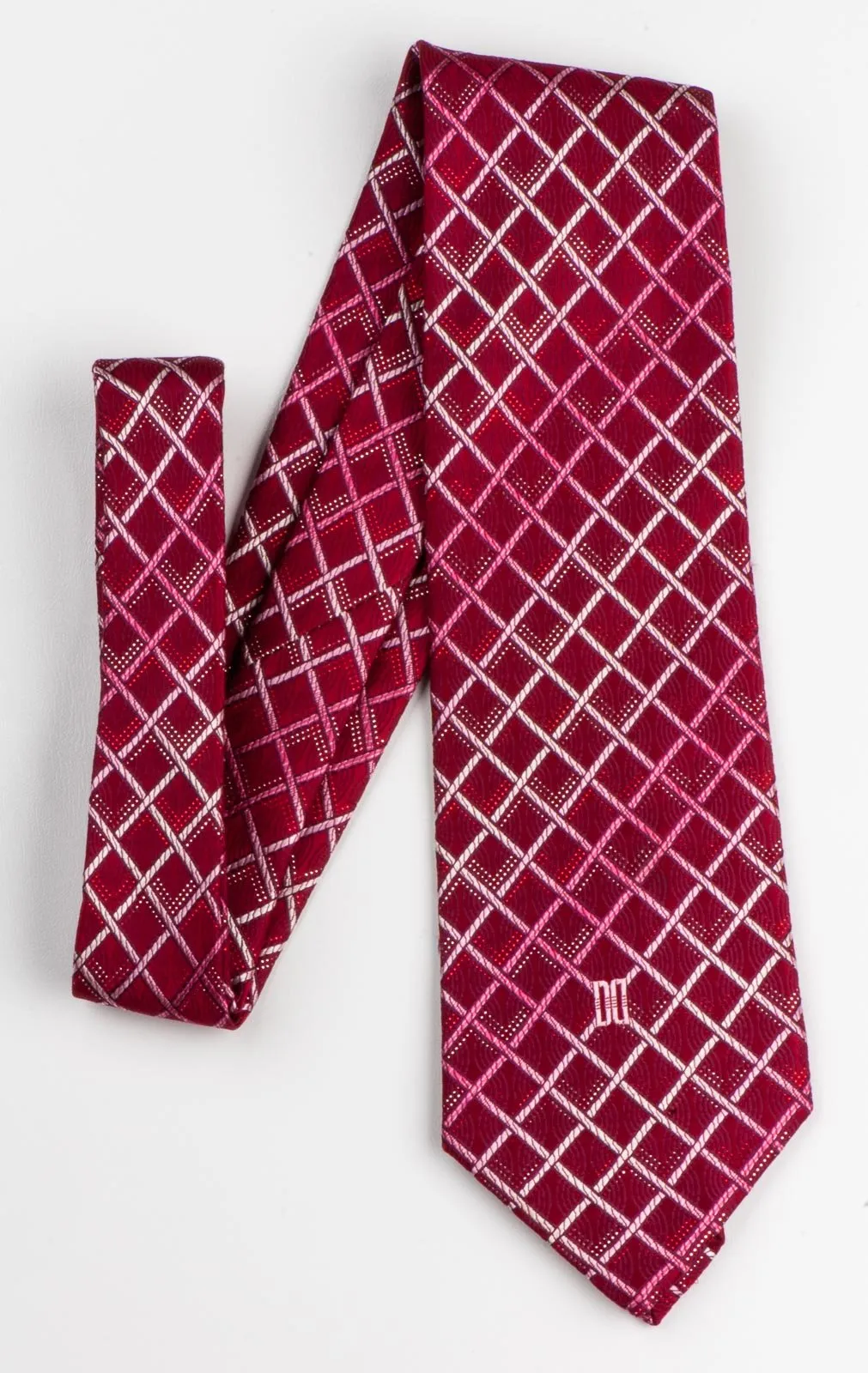 Daks Woven Silk Neck Tie Checks On Burgundy With Silver Sparkles 3 1/2 Inch