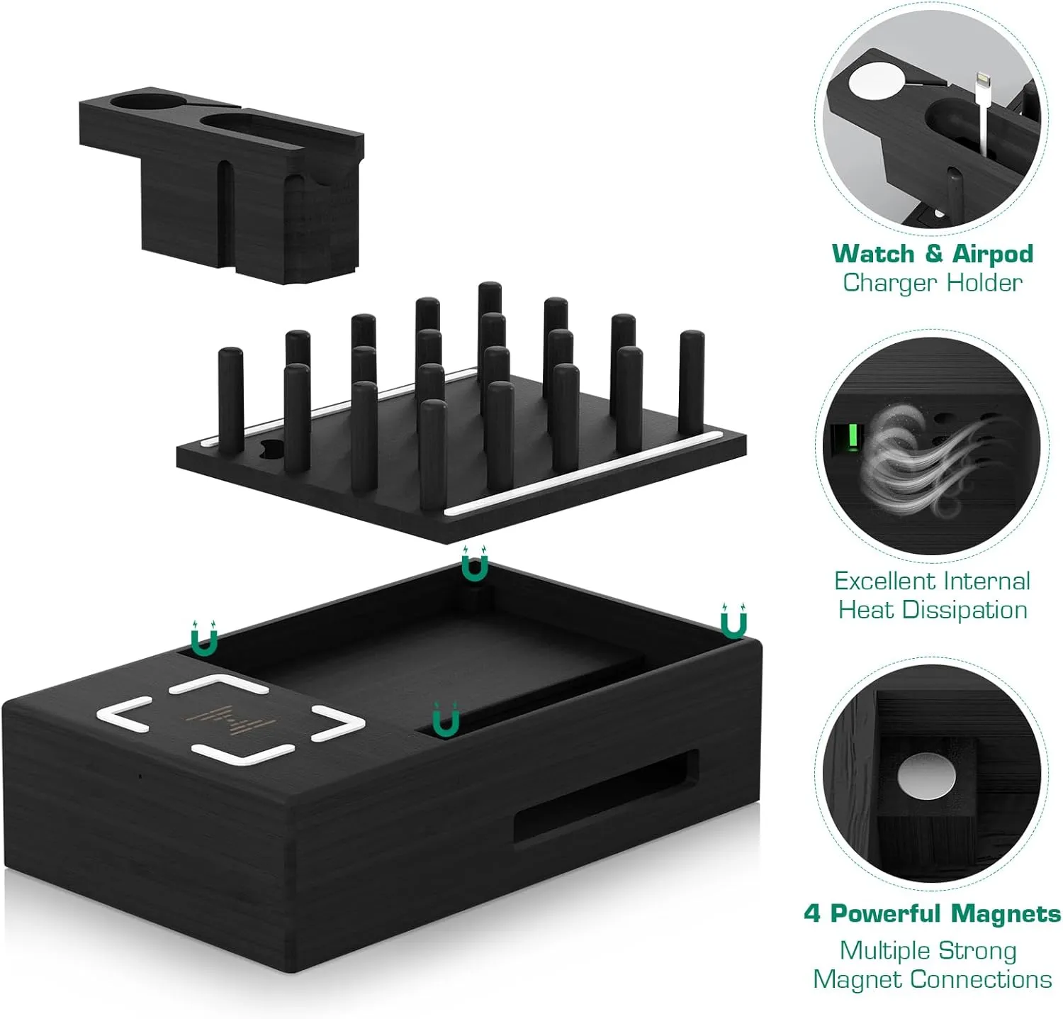 Darfoo Bamboo Charging Station Multiple Devices - Qi Certified Fast Wireless Charger & 7 USB Ports Wood Charging Station for Phones, Tablets, Smart Watches & Earbuds (Black)