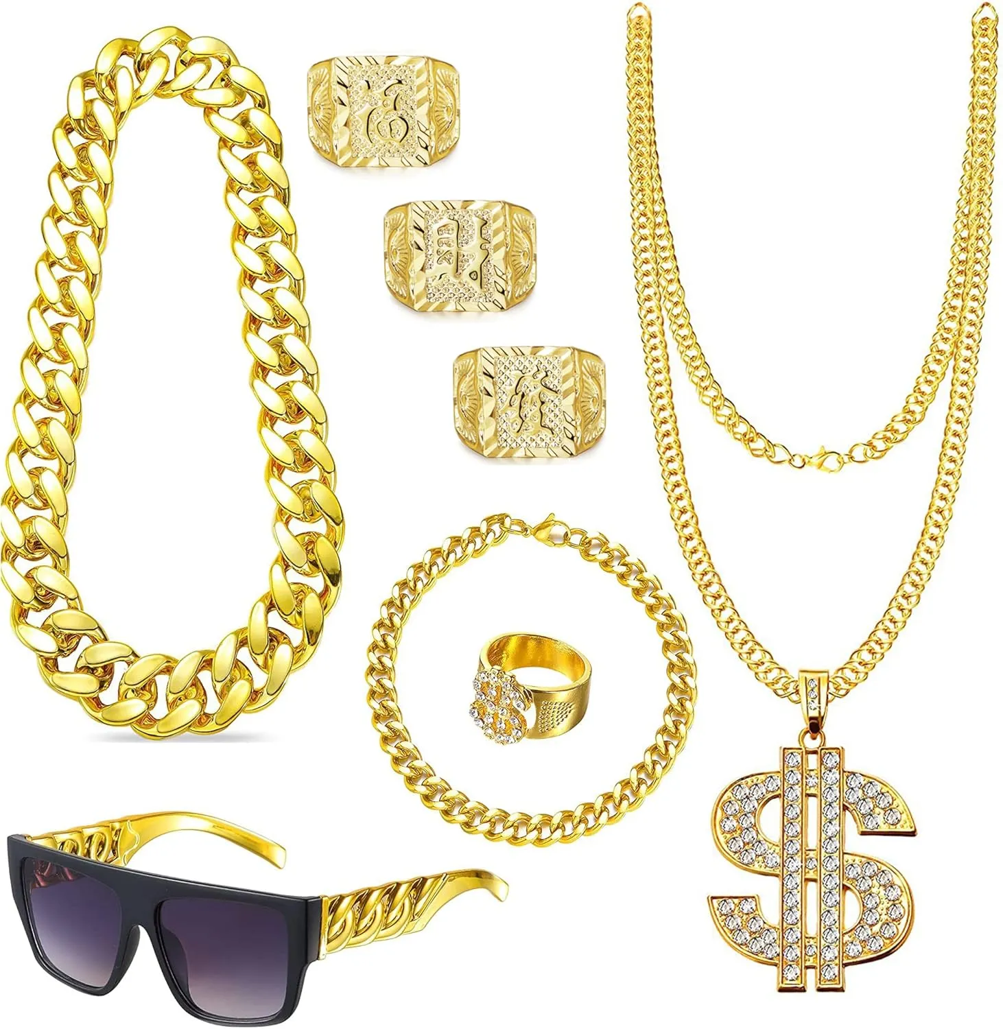 EIELO 80s 90s Accessories Outfit for Men Hip Hop Costume Kit Old School Rapper Sunglasses Faux Gold Rope Chain Bracelet Dollar Sign Chain Ring Kanji Ring Halloween Party Decorations