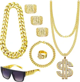 EIELO 80s 90s Accessories Outfit for Men Hip Hop Costume Kit Old School Rapper Sunglasses Faux Gold Rope Chain Bracelet Dollar Sign Chain Ring Kanji Ring Halloween Party Decorations