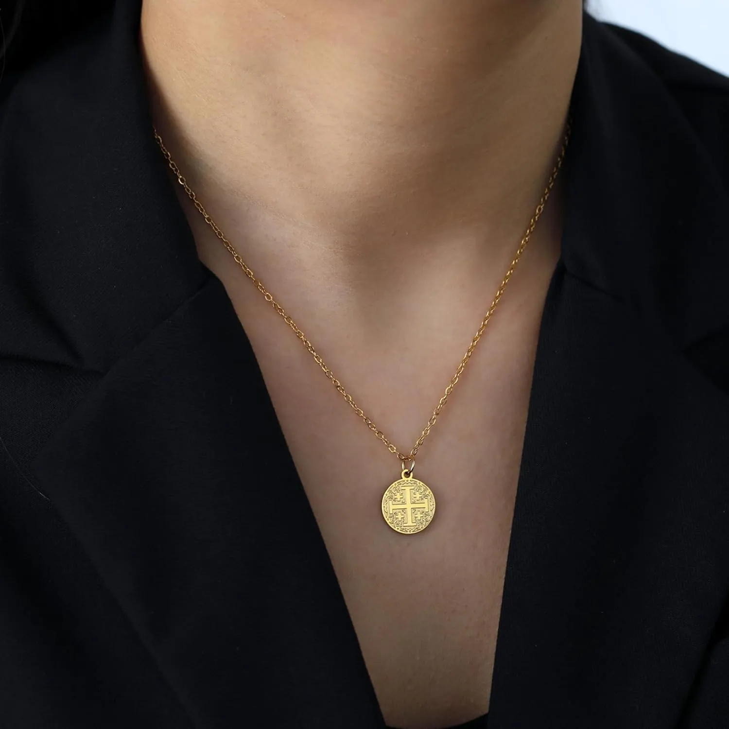 EUEAVAN Jerusalem Crusaders Cross Pendant Necklace Jerusalem Medallion Disc Greek Religious Medieval Jewelry Baptism Gift Women Men