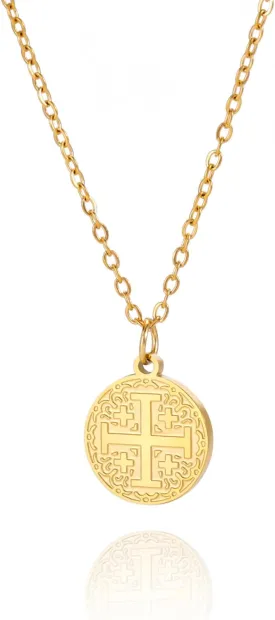 EUEAVAN Jerusalem Crusaders Cross Pendant Necklace Jerusalem Medallion Disc Greek Religious Medieval Jewelry Baptism Gift Women Men