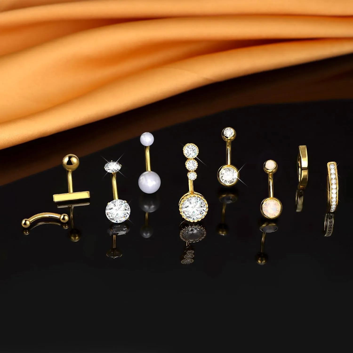 FIASASO 9 Pcs Gold Belly Button Ring - Surgical Stainless Steel CZ Opal Pearl Clicker Piercings for Women Navel Pack Silver/Gold