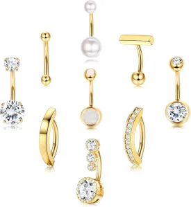 FIASASO 9 Pcs Gold Belly Button Ring - Surgical Stainless Steel CZ Opal Pearl Clicker Piercings for Women Navel Pack Silver/Gold