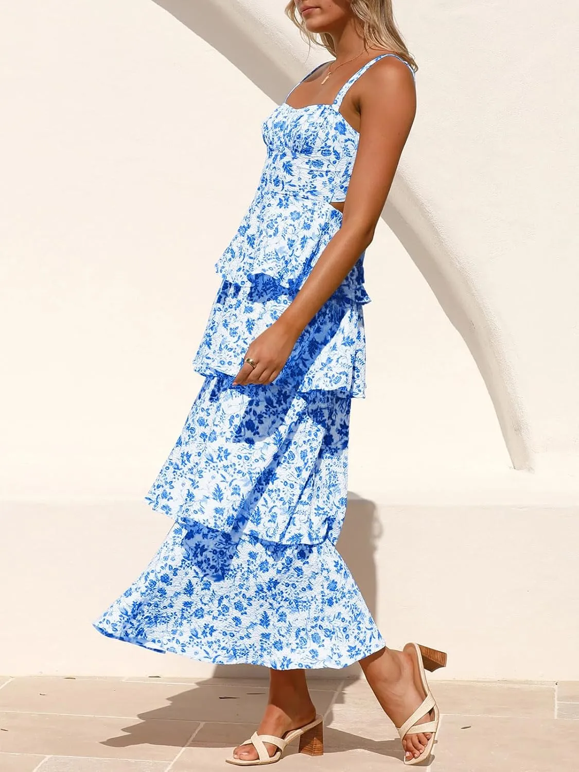 Fisoew Womens Floral Maxi Dresses Spaghetti Strap Casual Sleeveless Ruffle Flowy Tiered Dress