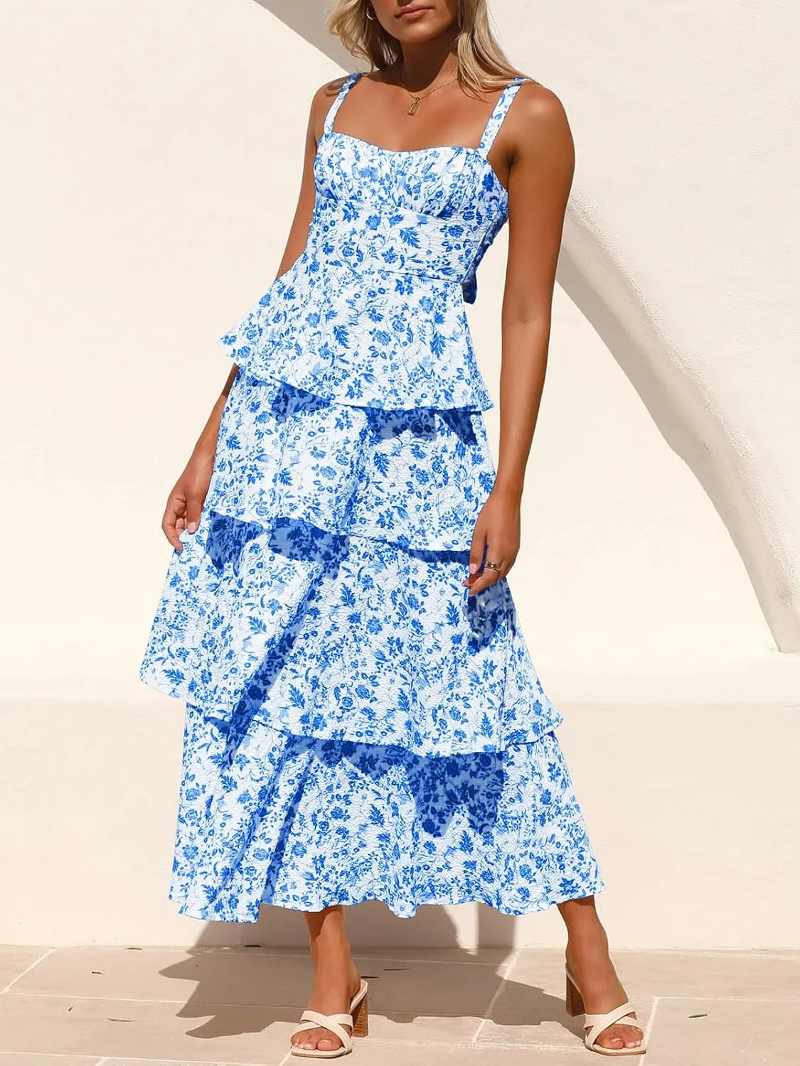 Fisoew Womens Floral Maxi Dresses Spaghetti Strap Casual Sleeveless Ruffle Flowy Tiered Dress