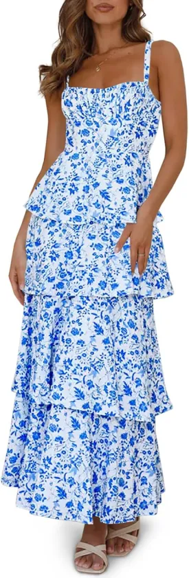Fisoew Womens Floral Maxi Dresses Spaghetti Strap Casual Sleeveless Ruffle Flowy Tiered Dress