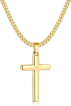 Fiusem Gold Plated Cross Necklace for Men, Mens Cross Necklaces with 3.5mm Chain and Stainless Steel Pendant, Cuban Chain 16-24 Inch