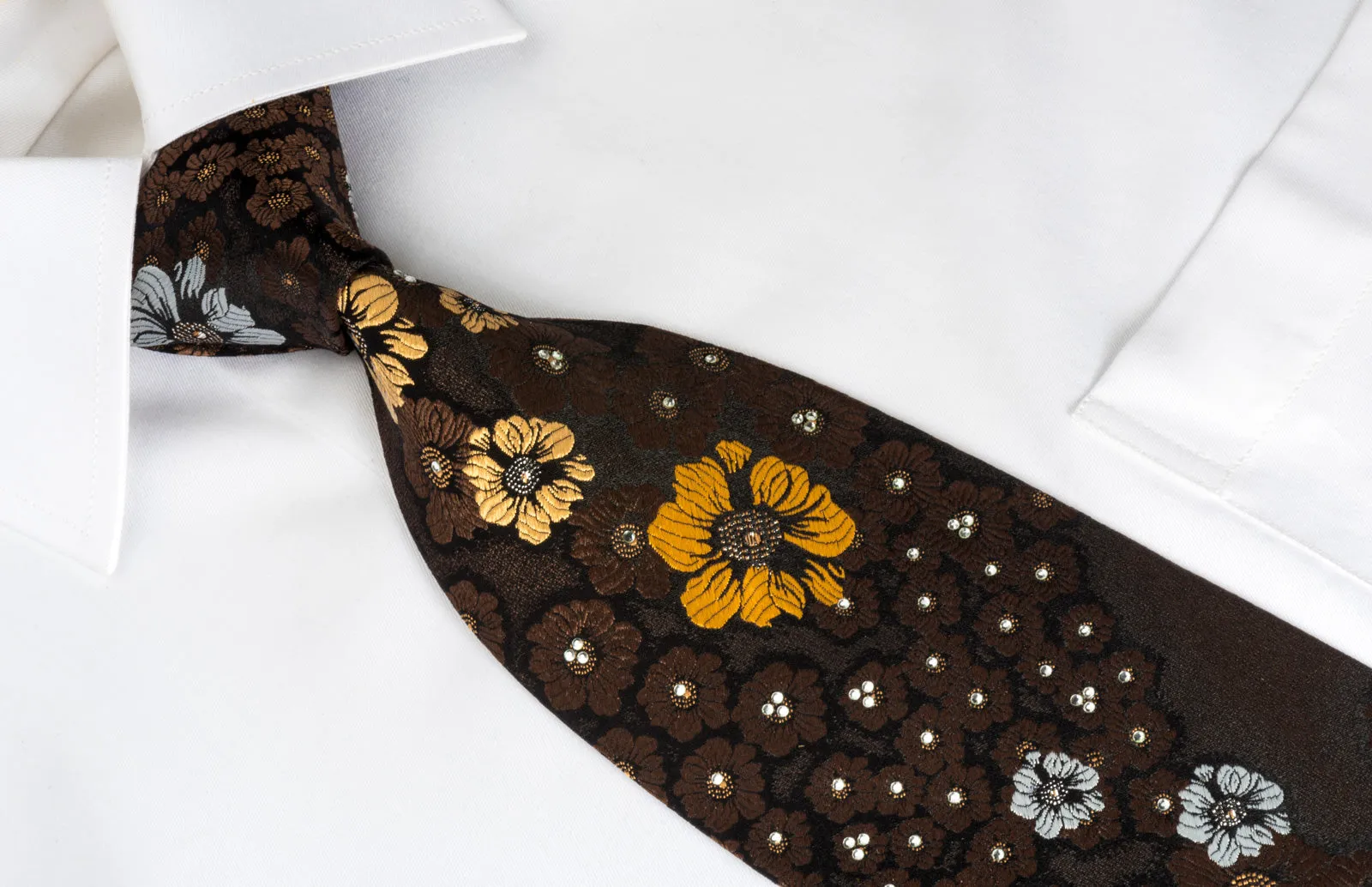 Floral On Brown Rhinestone Tie With Silver Sparkles