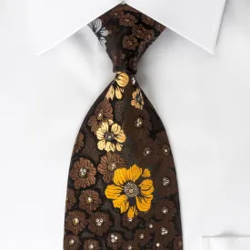 Floral On Brown Rhinestone Tie With Silver Sparkles