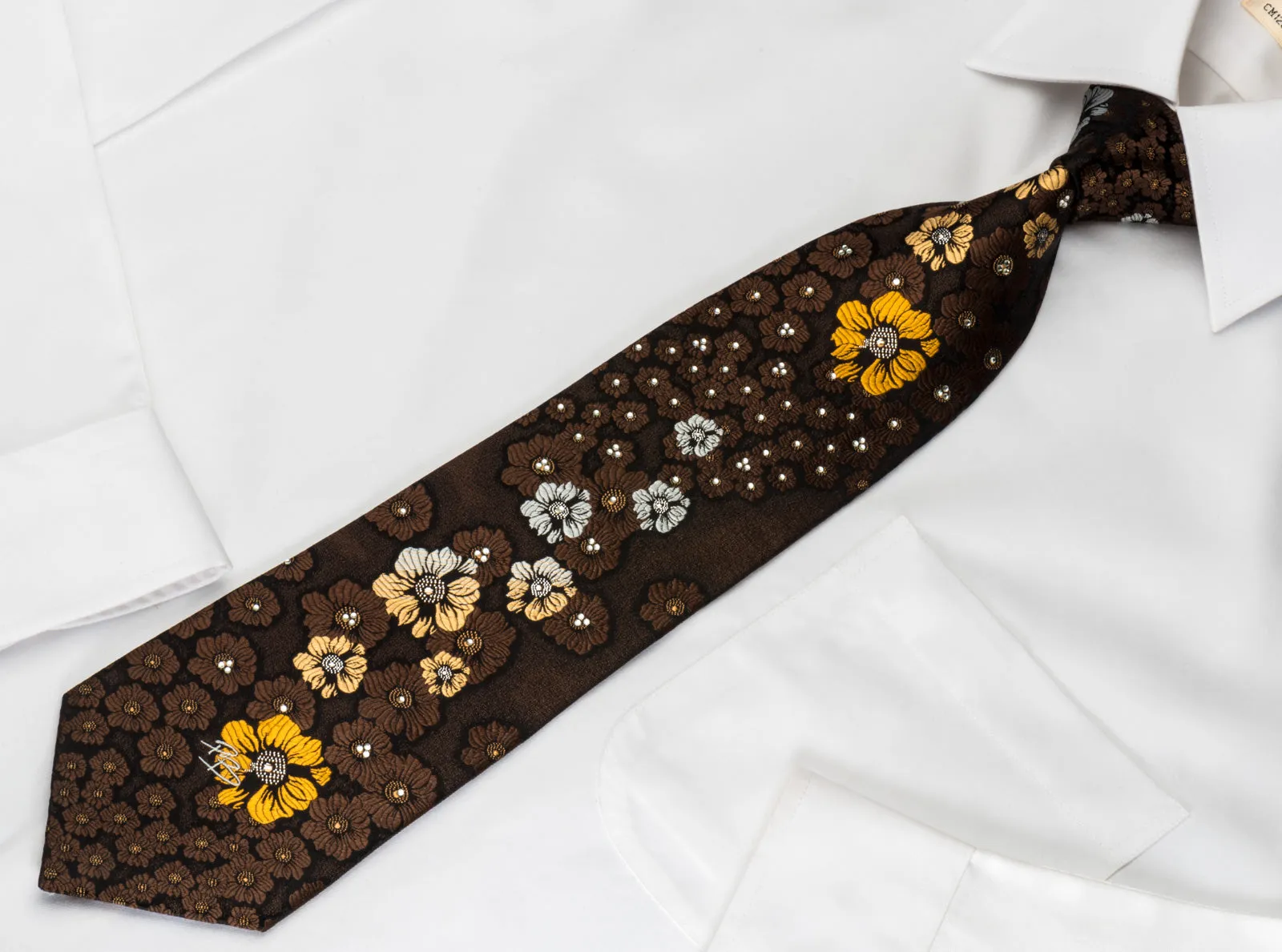 Floral On Brown Rhinestone Tie With Silver Sparkles