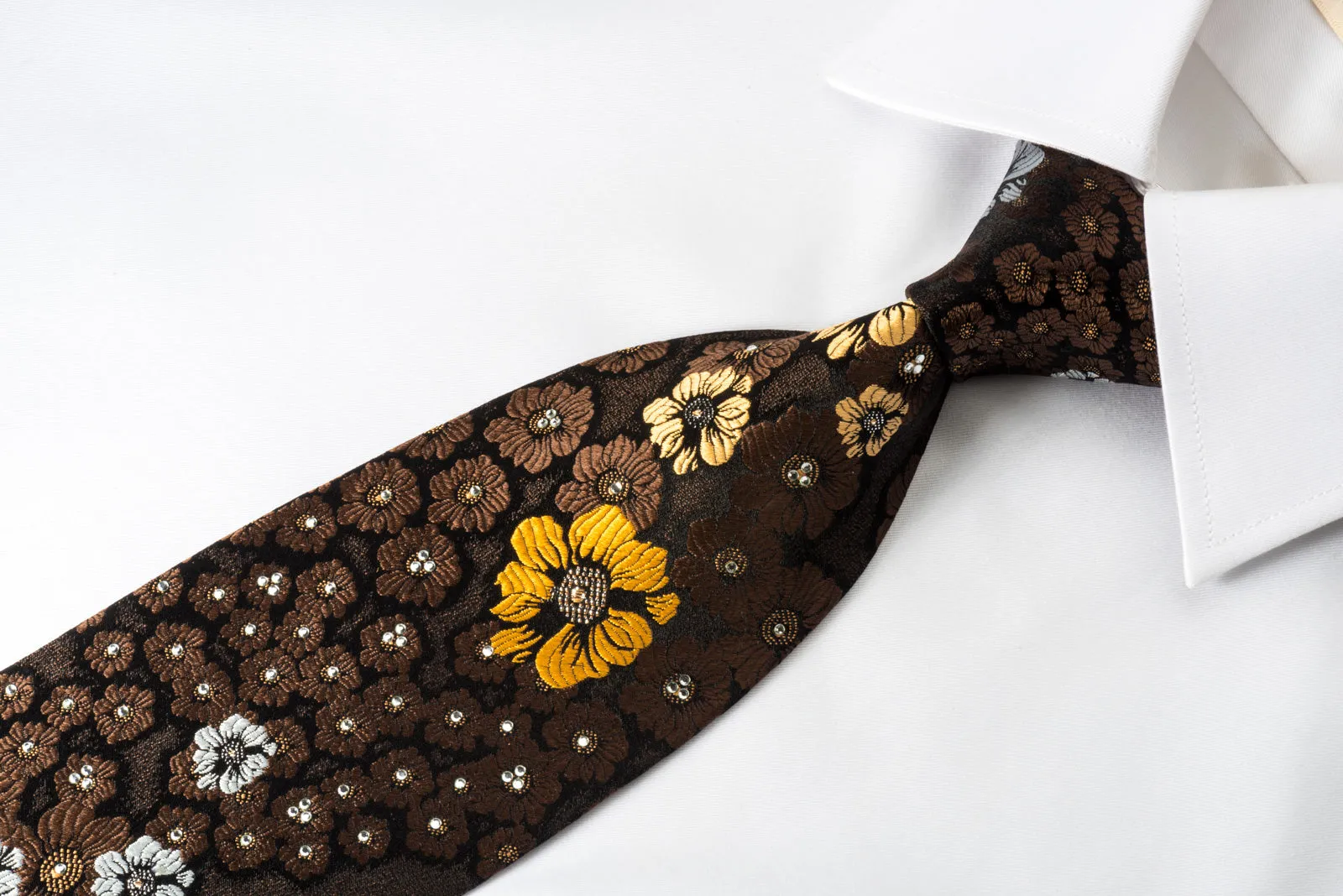 Floral On Brown Rhinestone Tie With Silver Sparkles