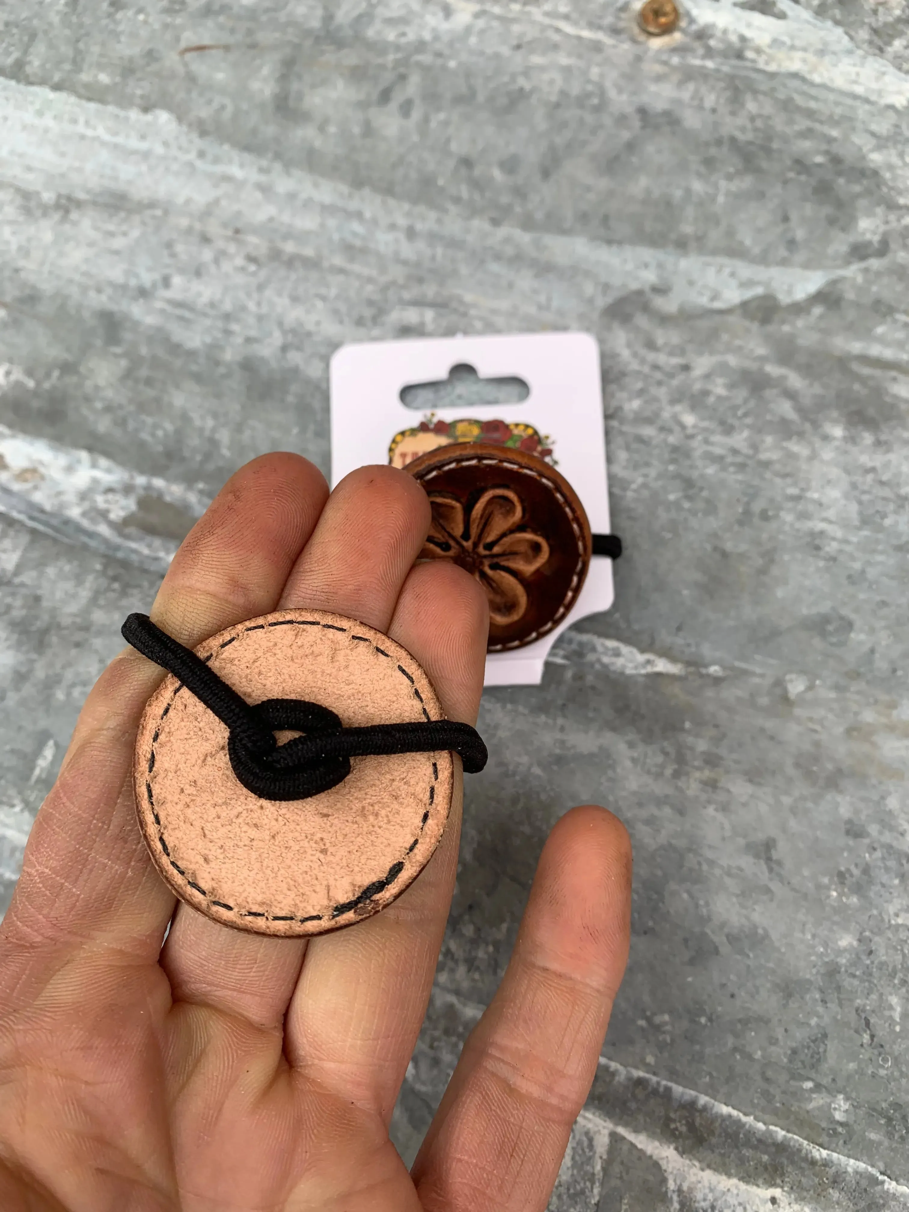 Hand Tooled Leather Hair-Tie with Daisy Center