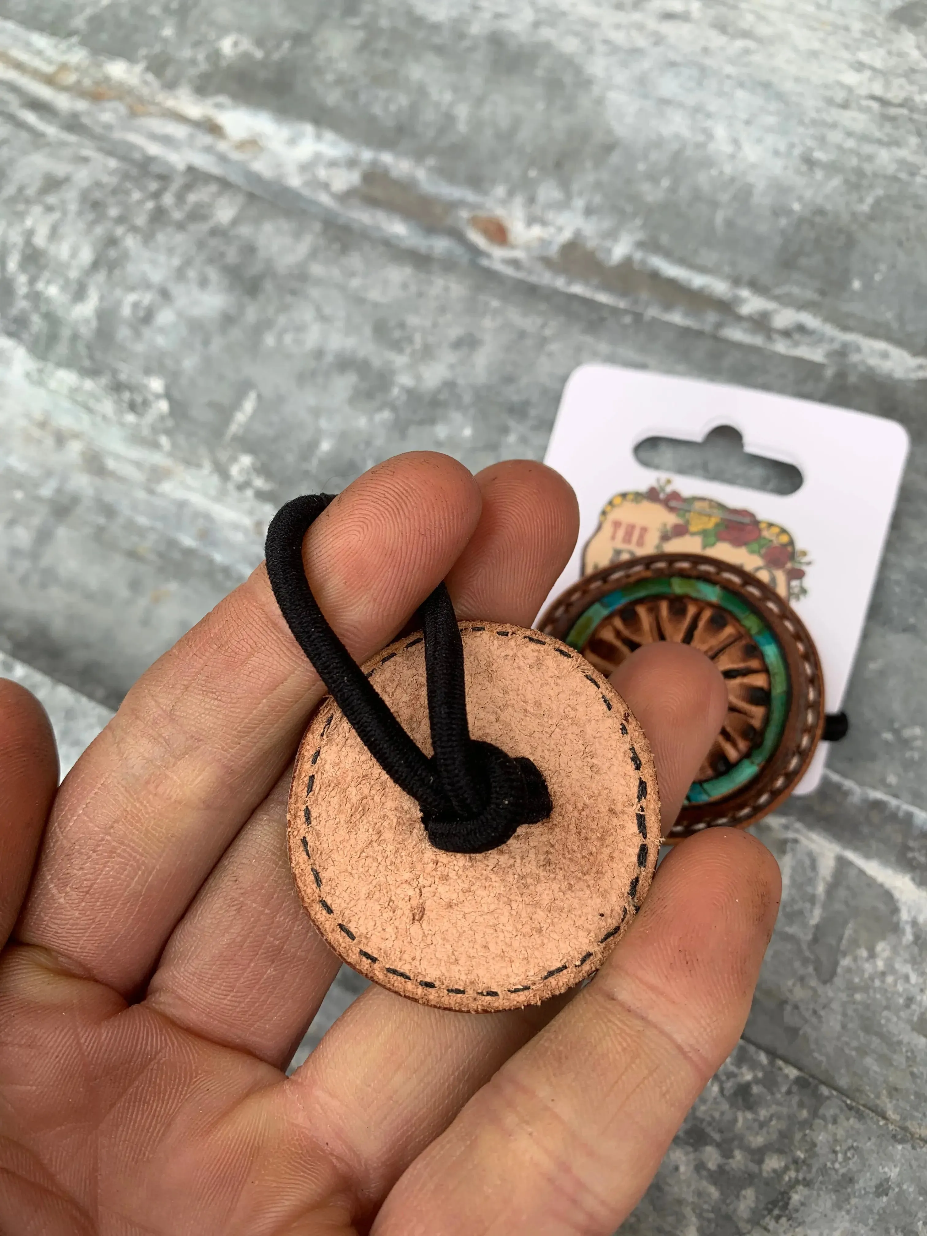 Hand Tooled Leather Hair-Tie with Floral and Turquoise Border