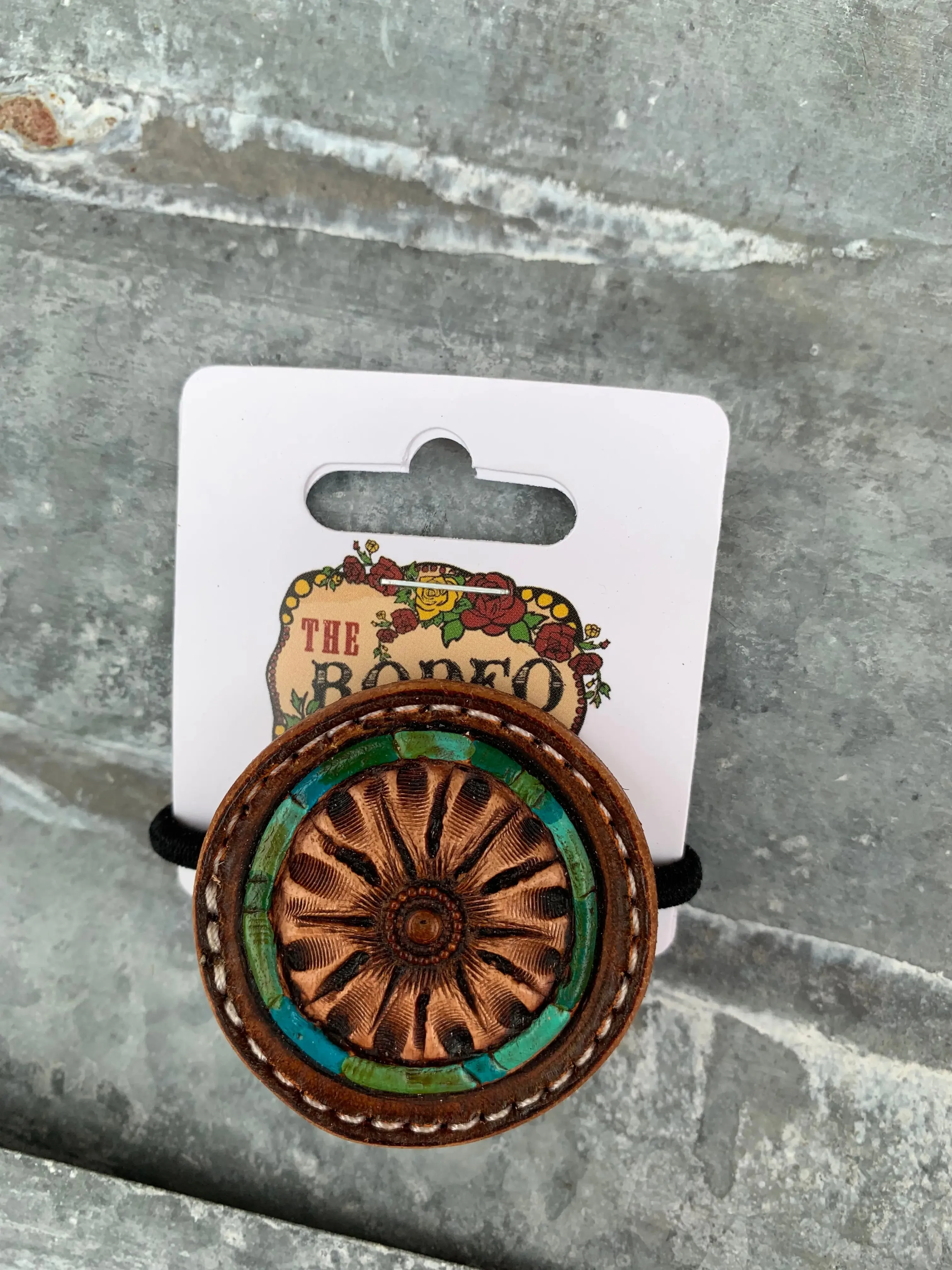 Hand Tooled Leather Hair-Tie with Floral and Turquoise Border