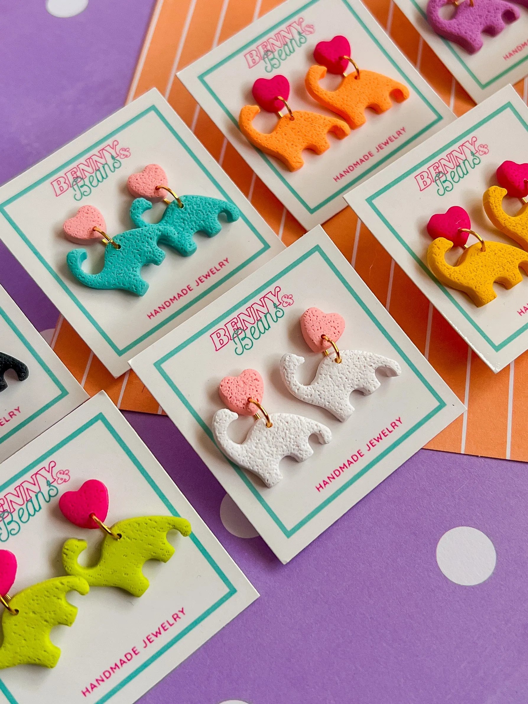 Heart Dino Dangles | Clay Earrings