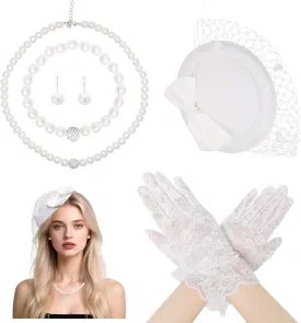 Heliltd 5Pcs Fascinators for Women Tea Party Fascinator Hat for Women Mesh Bowtie Hat Lace Glove Pearl Jewelry Set