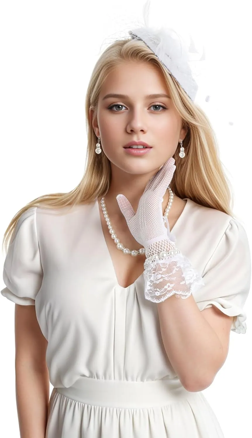 Heliltd 5Pcs Lace Fascinators for Women Tea Party Fascinator Hat for Women White Veil Feathers Hats Gloves Pearl Jewerly Set