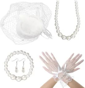 Heliltd 5Pcs Lace Fascinators for Women Tea Party Fascinator Hat for Women White Veil Feathers Hats Gloves Pearl Jewerly Set