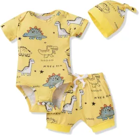 HINTINA Preemie Newborn Infant Baby Boys Outfits Dinosaur Bodysuit Romper Short Pants Hats 3Pcs Summer Clothes Set