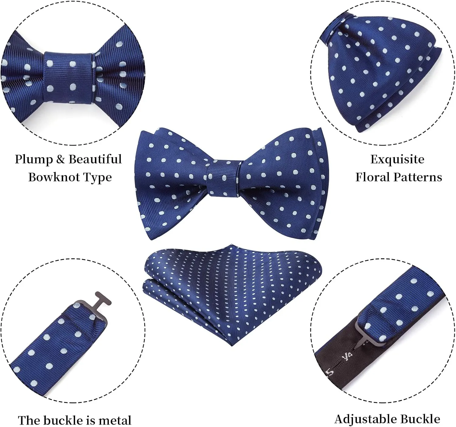 HISDERN Bow Ties for Men Polka Dot Selftie Bowtie and Pocket Square Classic Business Tuxedo Wedding Bowties Handkerchief