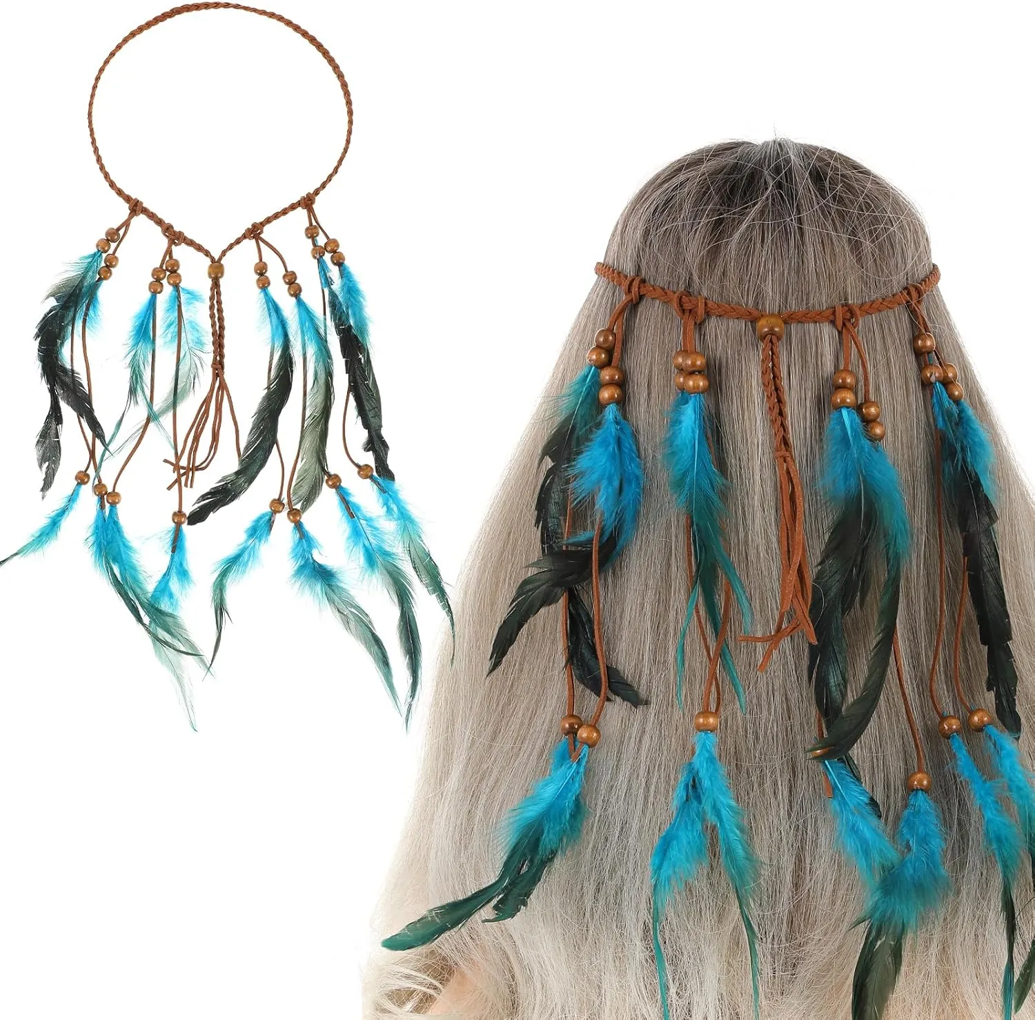 Indian Feather Headband,Native American Headband,Boho Indian Headdress for Women,Hippie Headbands for Women,Indian Headdress,Hair Accessories for Women and Girls Blue