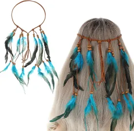 Indian Feather Headband,Native American Headband,Boho Indian Headdress for Women,Hippie Headbands for Women,Indian Headdress,Hair Accessories for Women and Girls Blue