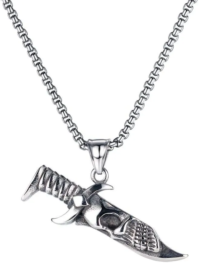 jonline24h Mens Womens Stainless Steel Skull Knife Punk Rock Pendant Black Silver Necklace