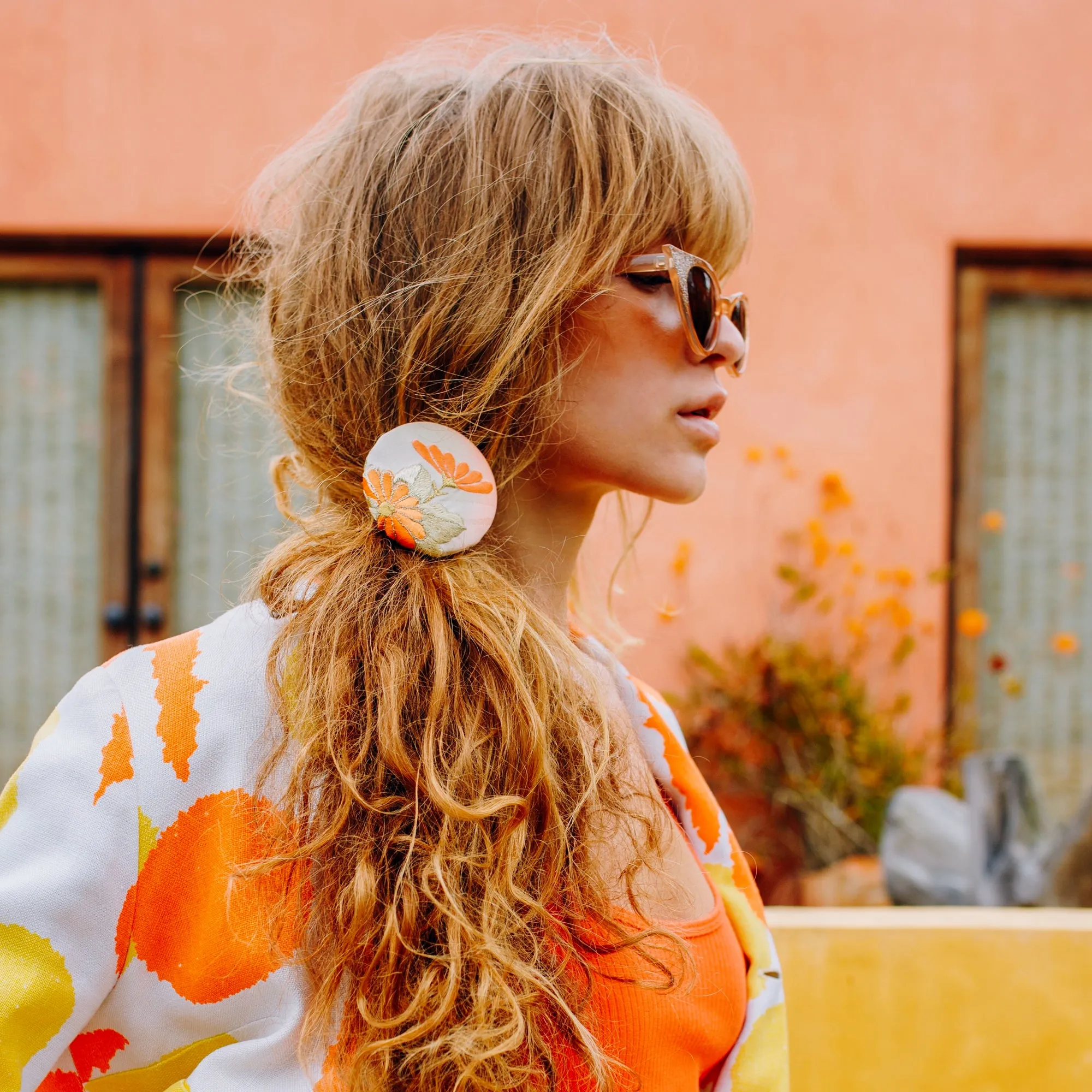 Kimono Silk Flower Hair Tie | Chrysanthemum peach