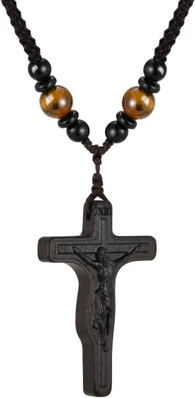MEALGUET Handmade Wooden Crucifix Cross Necklace with Jesus - Natural Ebony Wood Braided Cord Cross Necklace for Men Women Religious Jewelry,Catholic Gift for Baptism Confirmation Easter