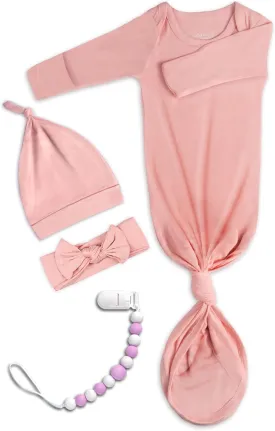 Newborn Baby Knotted Gown, Super Soft Silky Infant Long Sleeve Sleeper with Mittens and Hat & Bowknot Set (Extra Long)