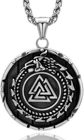 Nordic Viking Mjolnir Runes Necklace for Men, Vintage Dragon Amulet Norse Mythology Valknut Jewelry, with Gift Box