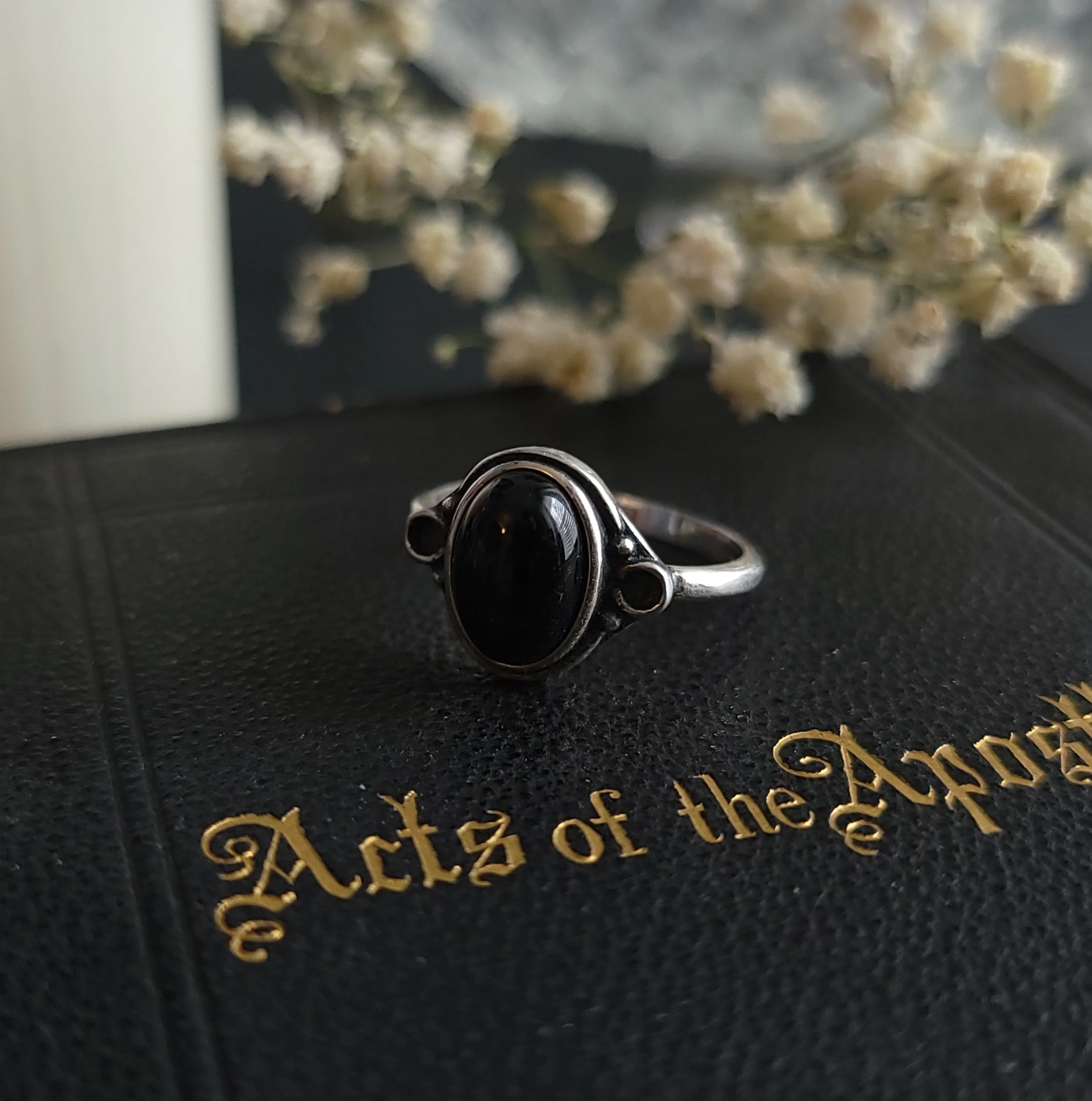 Nox - Black Agate Ornate Ring - Sterling Silver Ring