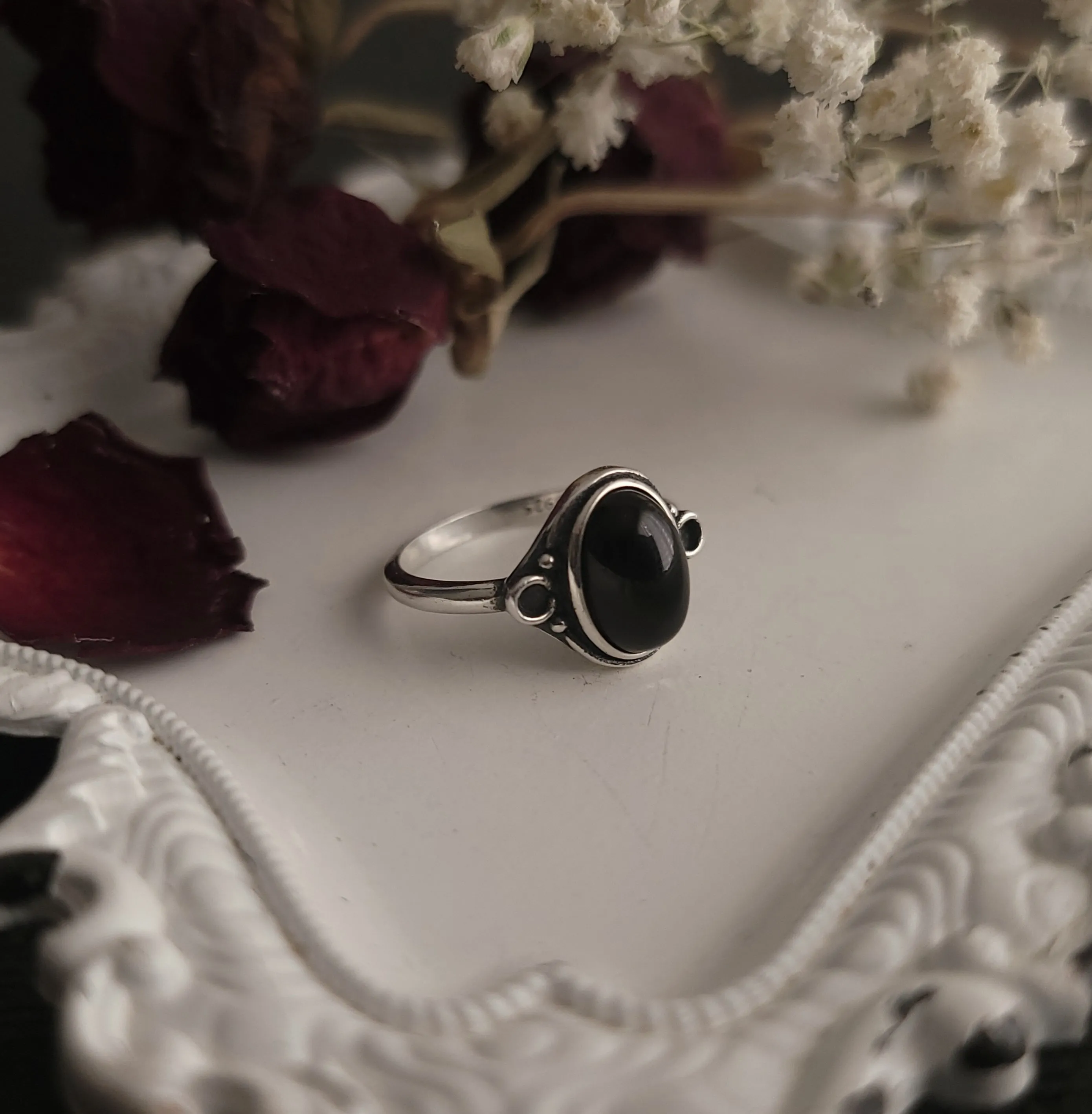 Nox - Black Agate Ornate Ring - Sterling Silver Ring
