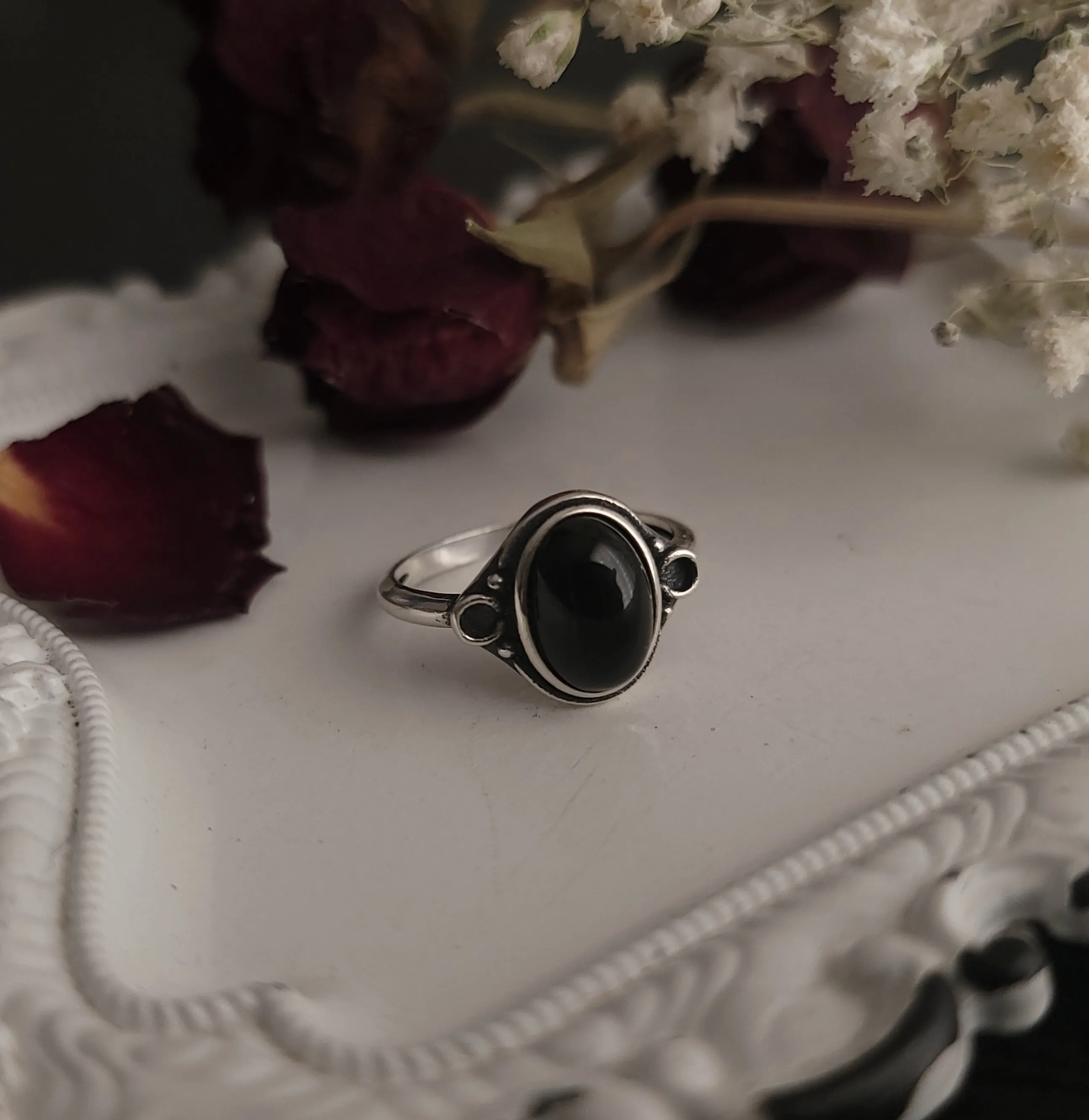 Nox - Black Agate Ornate Ring - Sterling Silver Ring