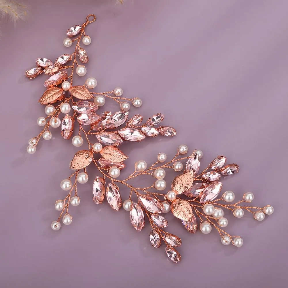 Pink Beads with Crystal Hair Piece Wedding Bridal Cute Small Headband Handmade Rhinestones Hair Accessories (Pink)