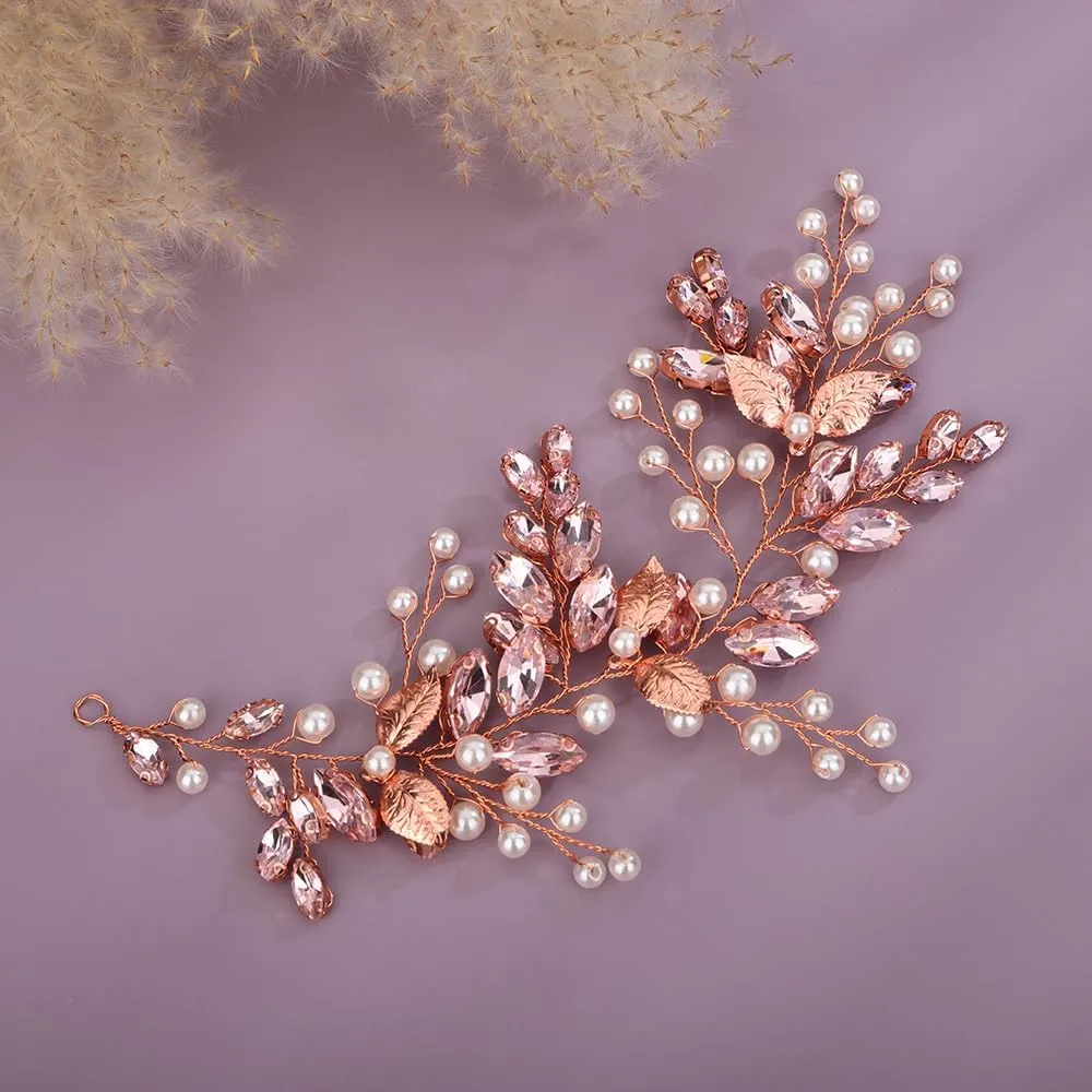 Pink Beads with Crystal Hair Piece Wedding Bridal Cute Small Headband Handmade Rhinestones Hair Accessories (Pink)