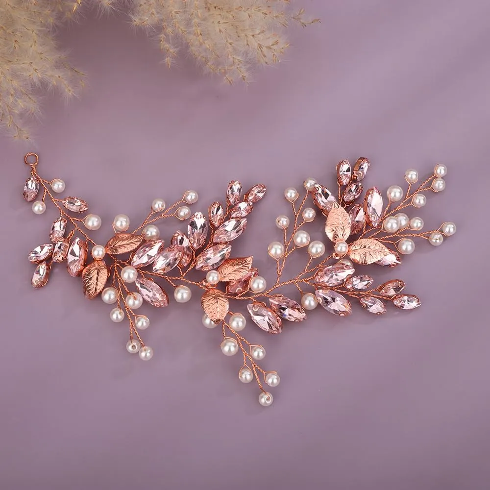 Pink Beads with Crystal Hair Piece Wedding Bridal Cute Small Headband Handmade Rhinestones Hair Accessories (Pink)