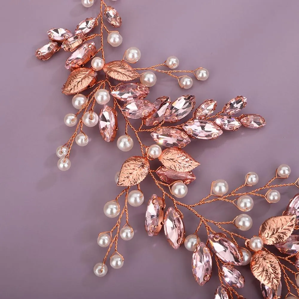 Pink Beads with Crystal Hair Piece Wedding Bridal Cute Small Headband Handmade Rhinestones Hair Accessories (Pink)