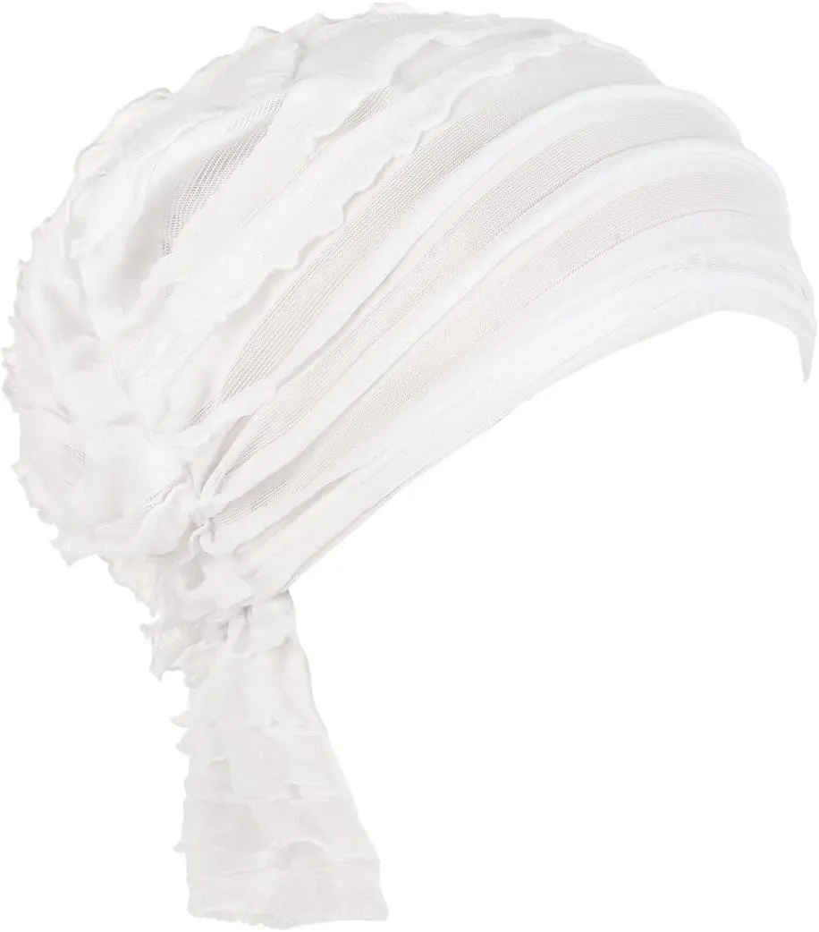 Pre Tied Chemo Turban for Women - Ruffle Stretch Solid Caps Slip On Headwrap Headwear for Cancer Hair Cover
