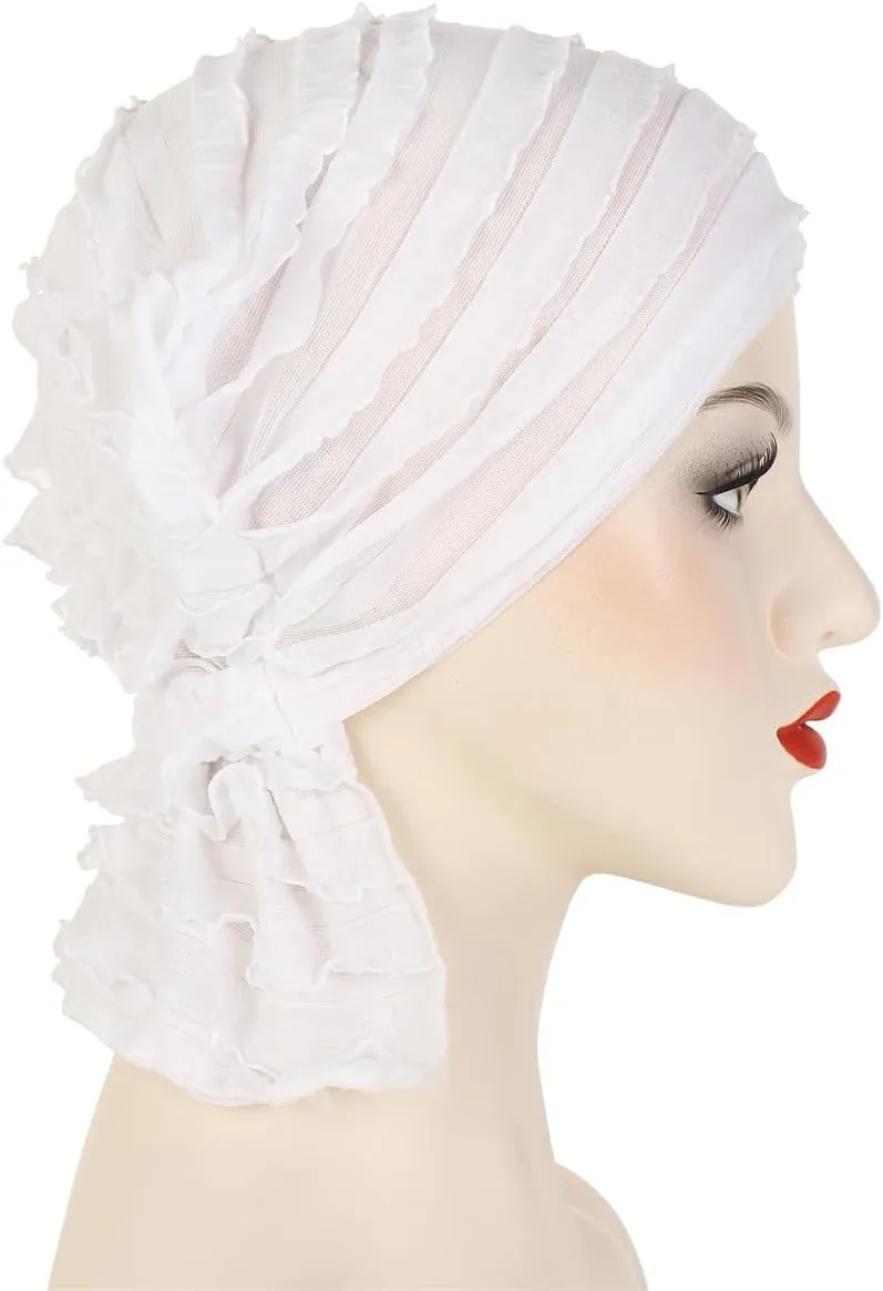 Pre Tied Chemo Turban for Women - Ruffle Stretch Solid Caps Slip On Headwrap Headwear for Cancer Hair Cover