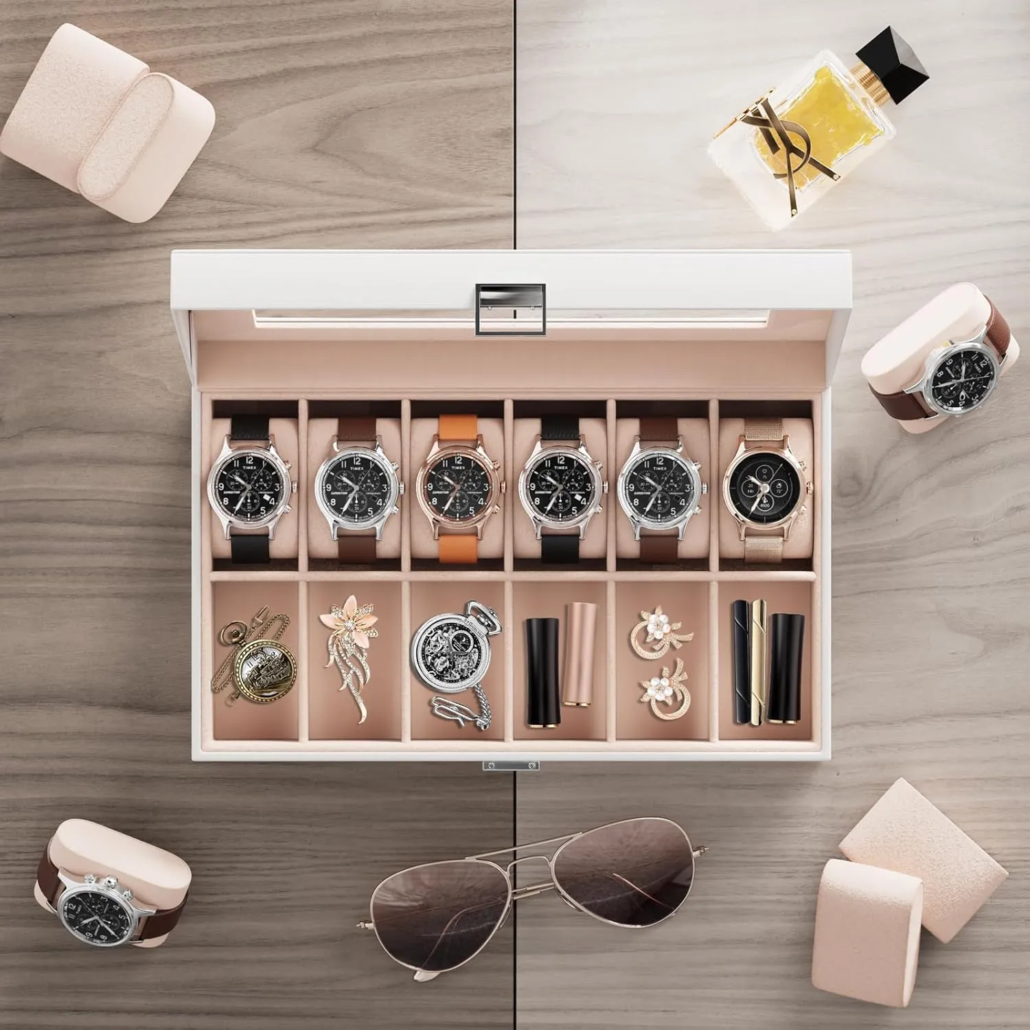 ProCase Watch Box Organizer for Men, 12 Slot Watch Display Case With Glass Lid, PU Leather Watch Storage Mens Watch Case, Watch Holder Organizer Gift for Men Women -White