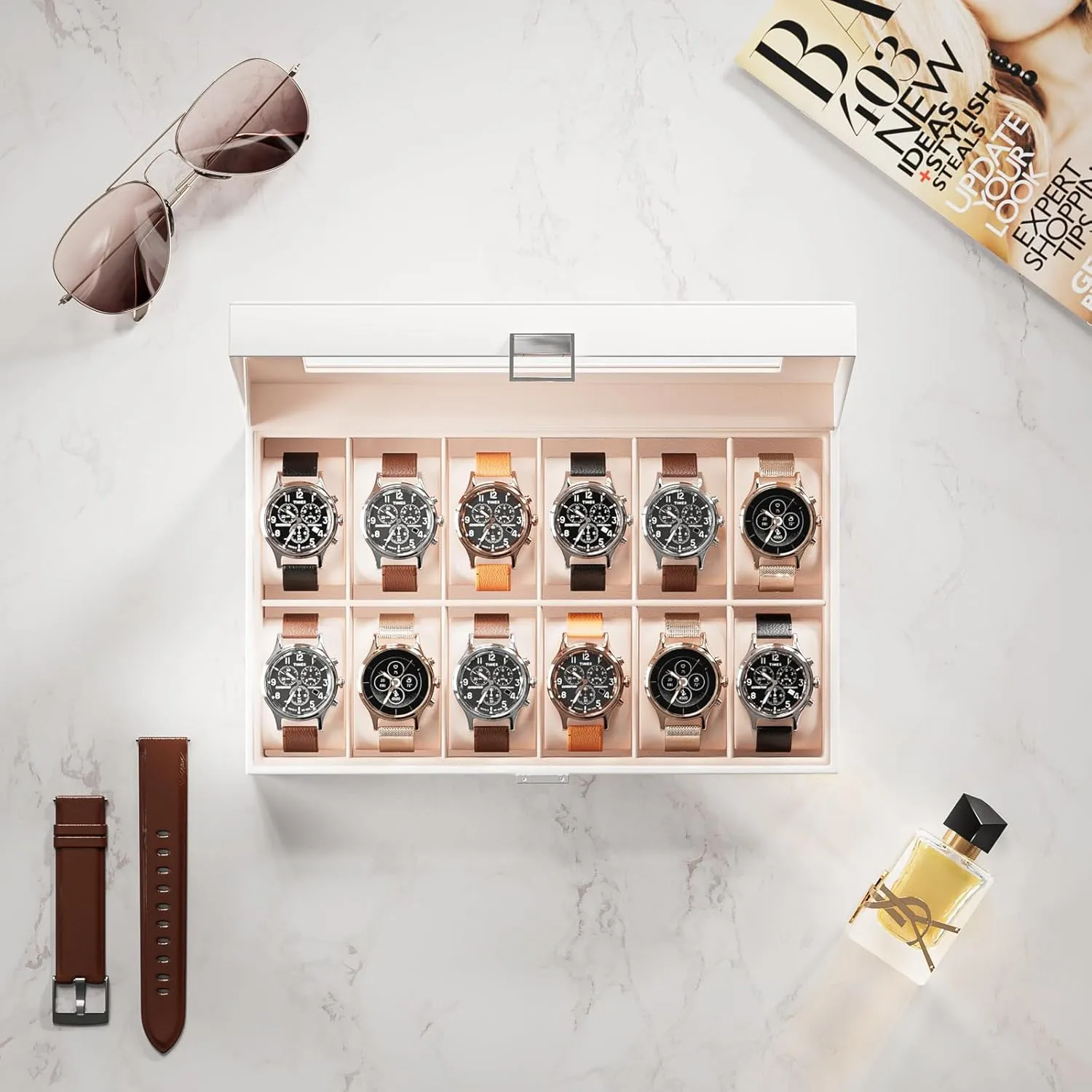 ProCase Watch Box Organizer for Men, 12 Slot Watch Display Case With Glass Lid, PU Leather Watch Storage Mens Watch Case, Watch Holder Organizer Gift for Men Women -White
