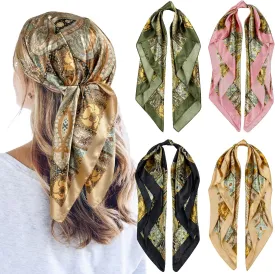 QBSM 4 Pcs 35'' Satin Head Scarf Silk Feeling Neck Scarves Hair Wrap for Sleeping Large Square Headscarf for Women